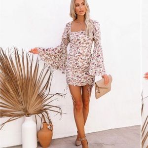 Vici Graylynn Ruched Floral Bell Sleeve Dress